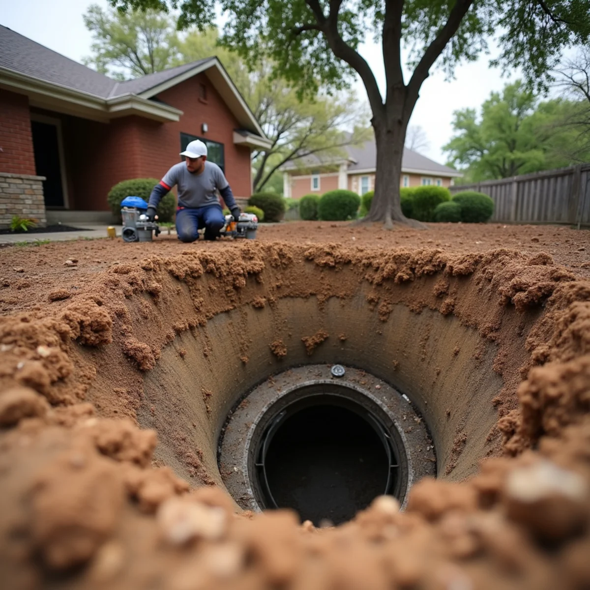 Under-slab tunneling excavation access pit alongside home foundation