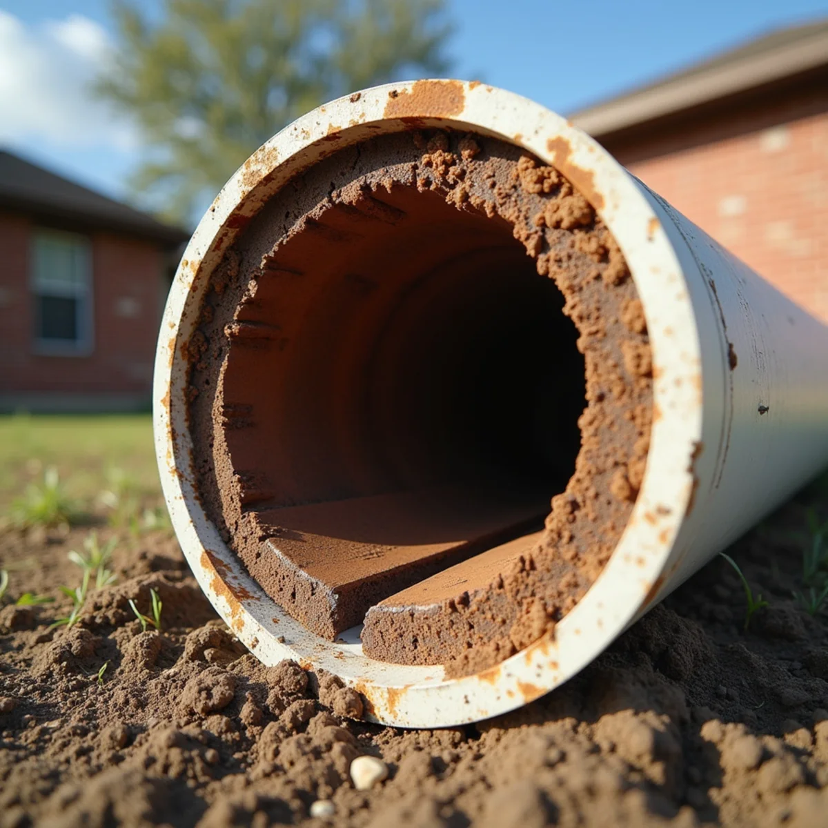 Educational cutaway of corroded 1970s cast iron drain pipe contrasted with smooth white PVC