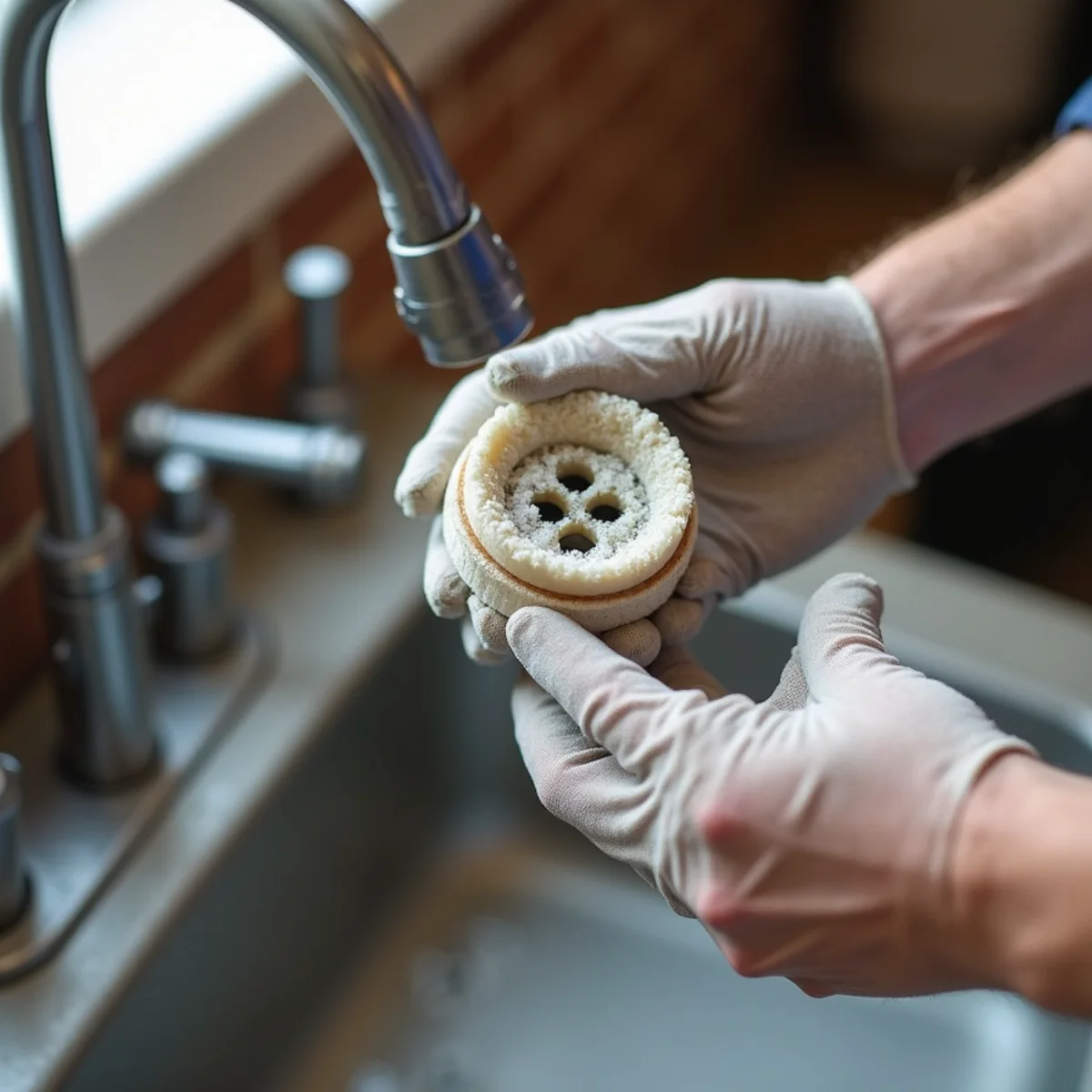Disassembled faucet aerator clogged with white calcium and lime mineral deposits