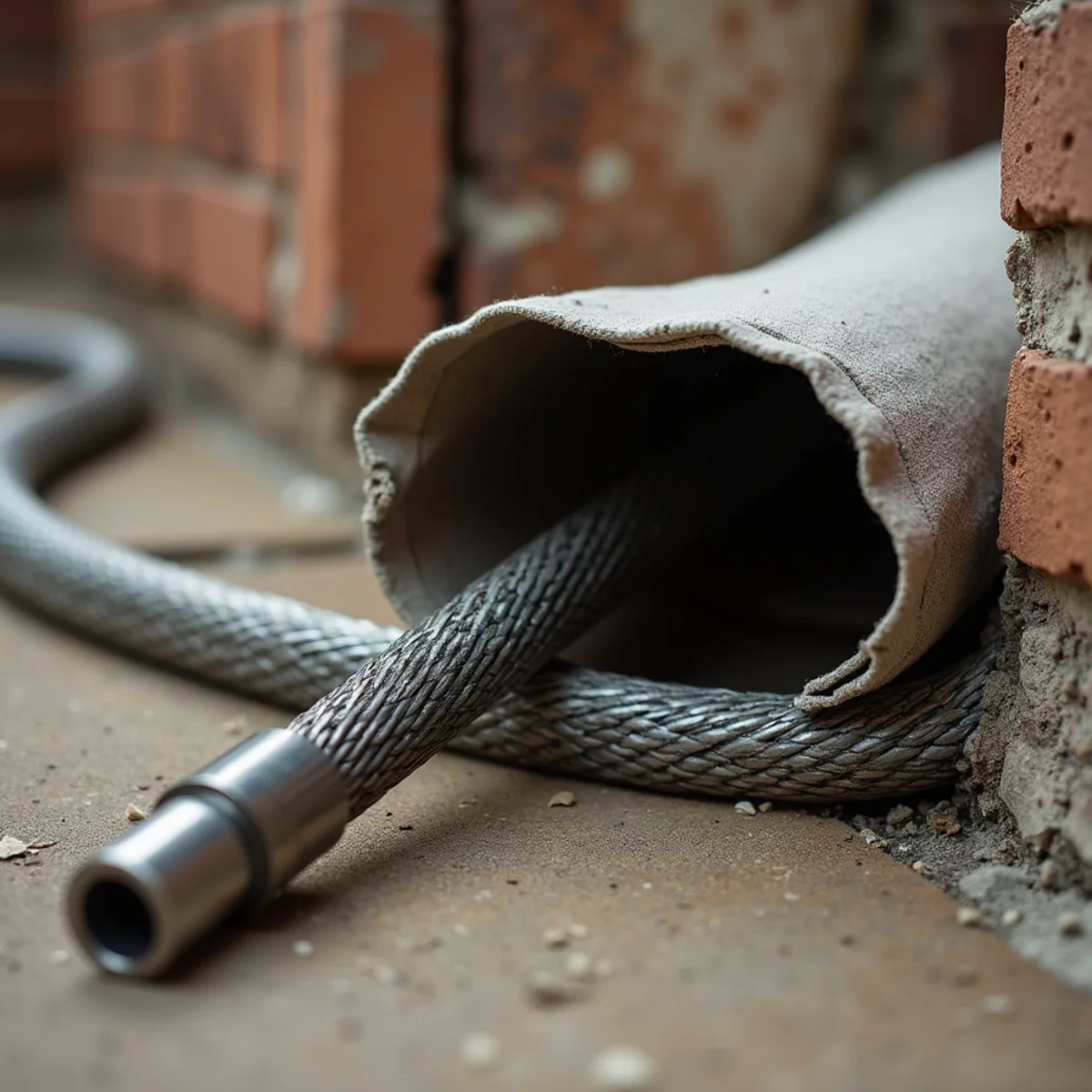 Mechanical drain snake steel cable with root cutting head beside cleanout pipe