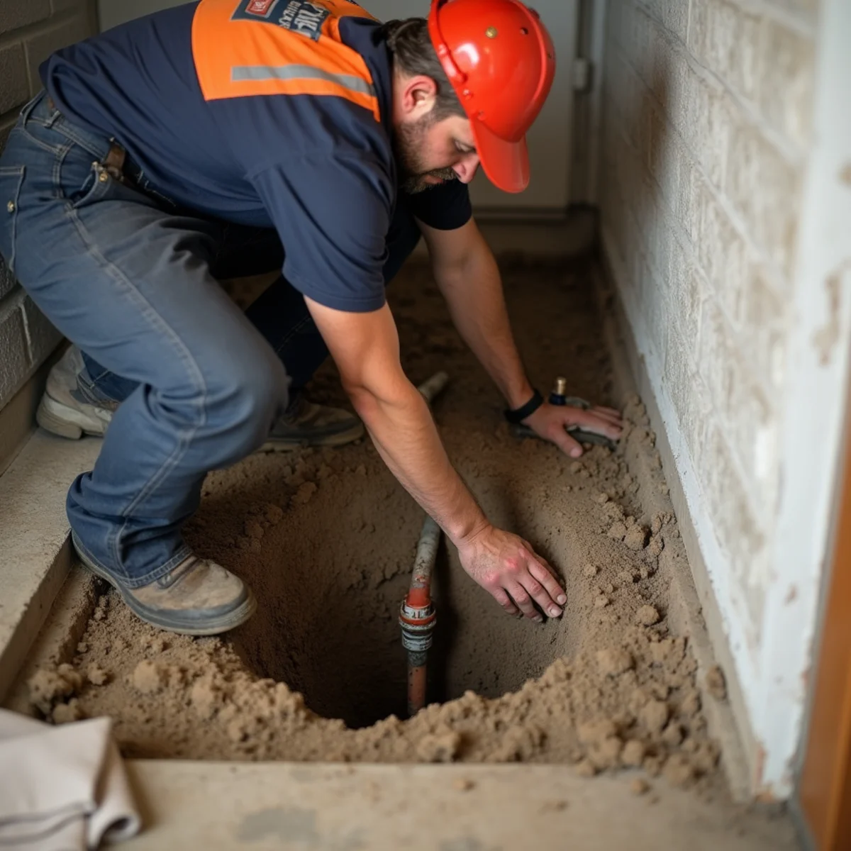 Access opening cut into concrete foundation exposing leaking copper pipe beneath