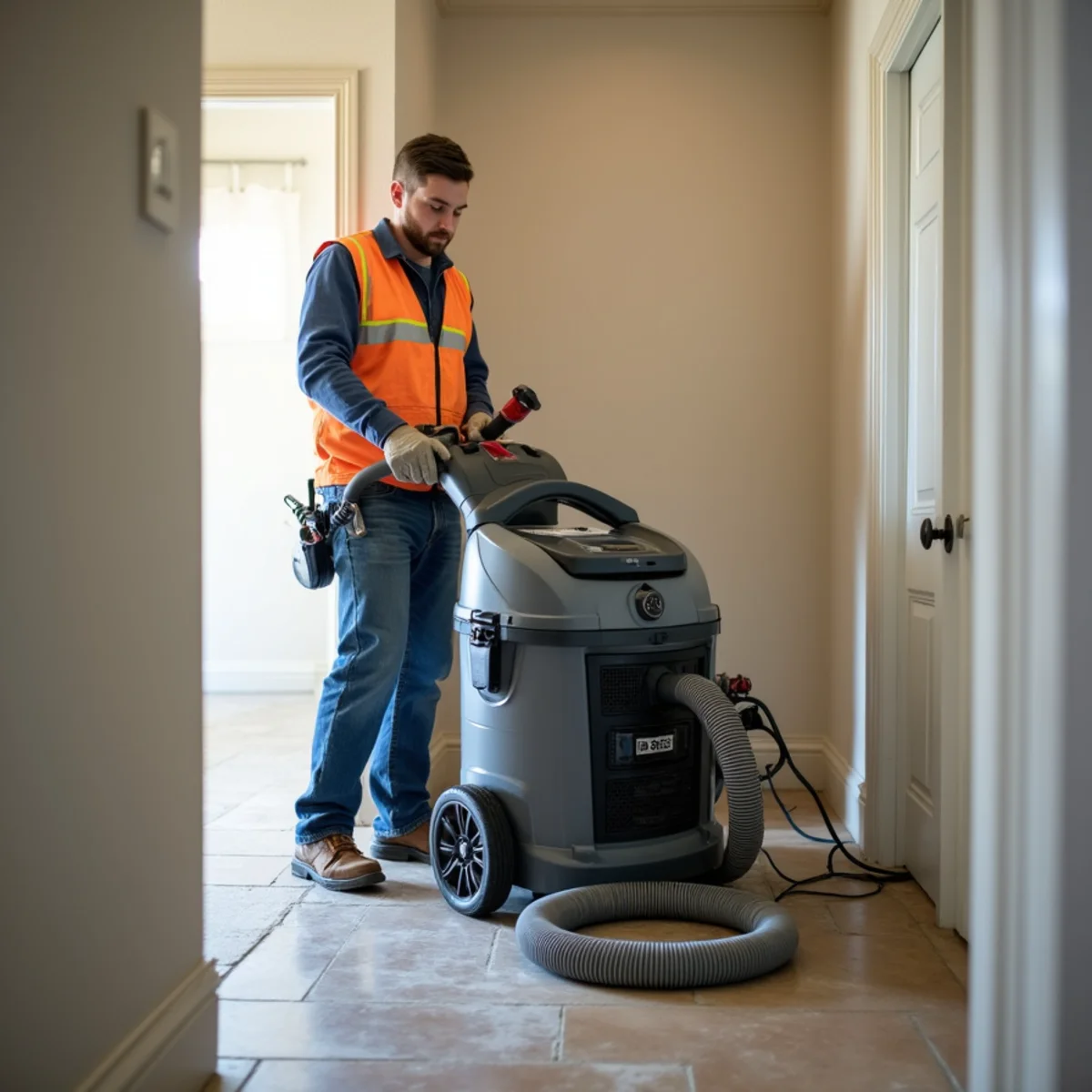 Dehumidifiers and air movers drying water-damaged drywall in residential hallway