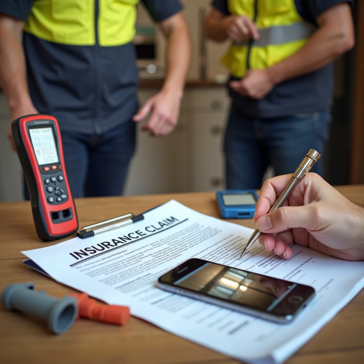 Insurance claim documentation setup with policy documents, moisture meter, and smartphone