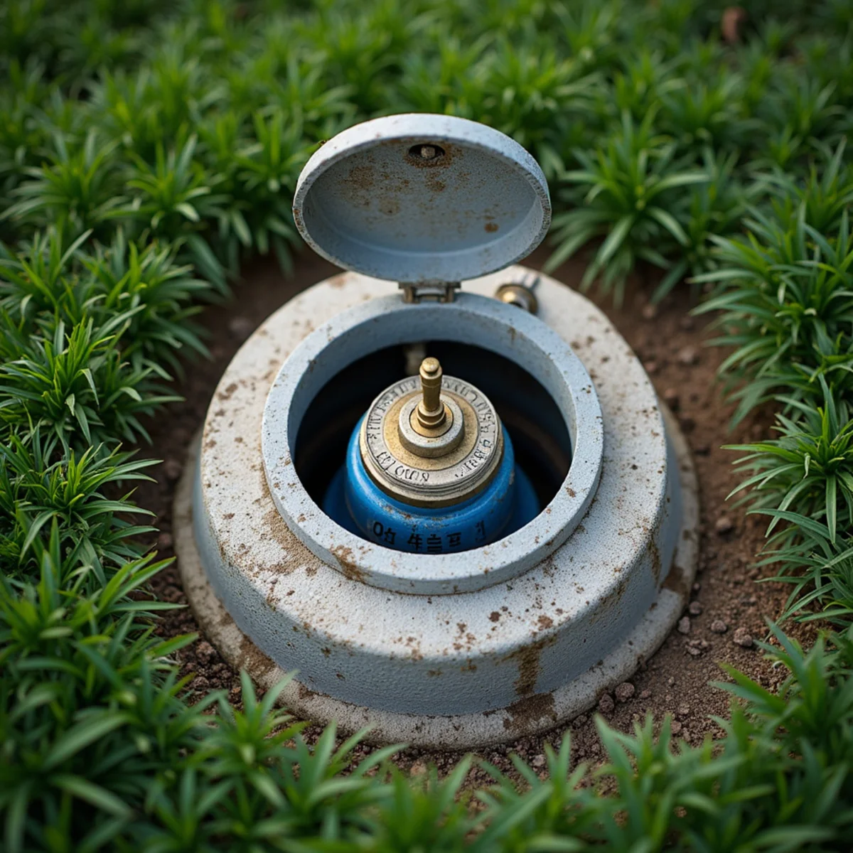 Opened Texas water meter box in front yard showing brass curb stop valve and dial