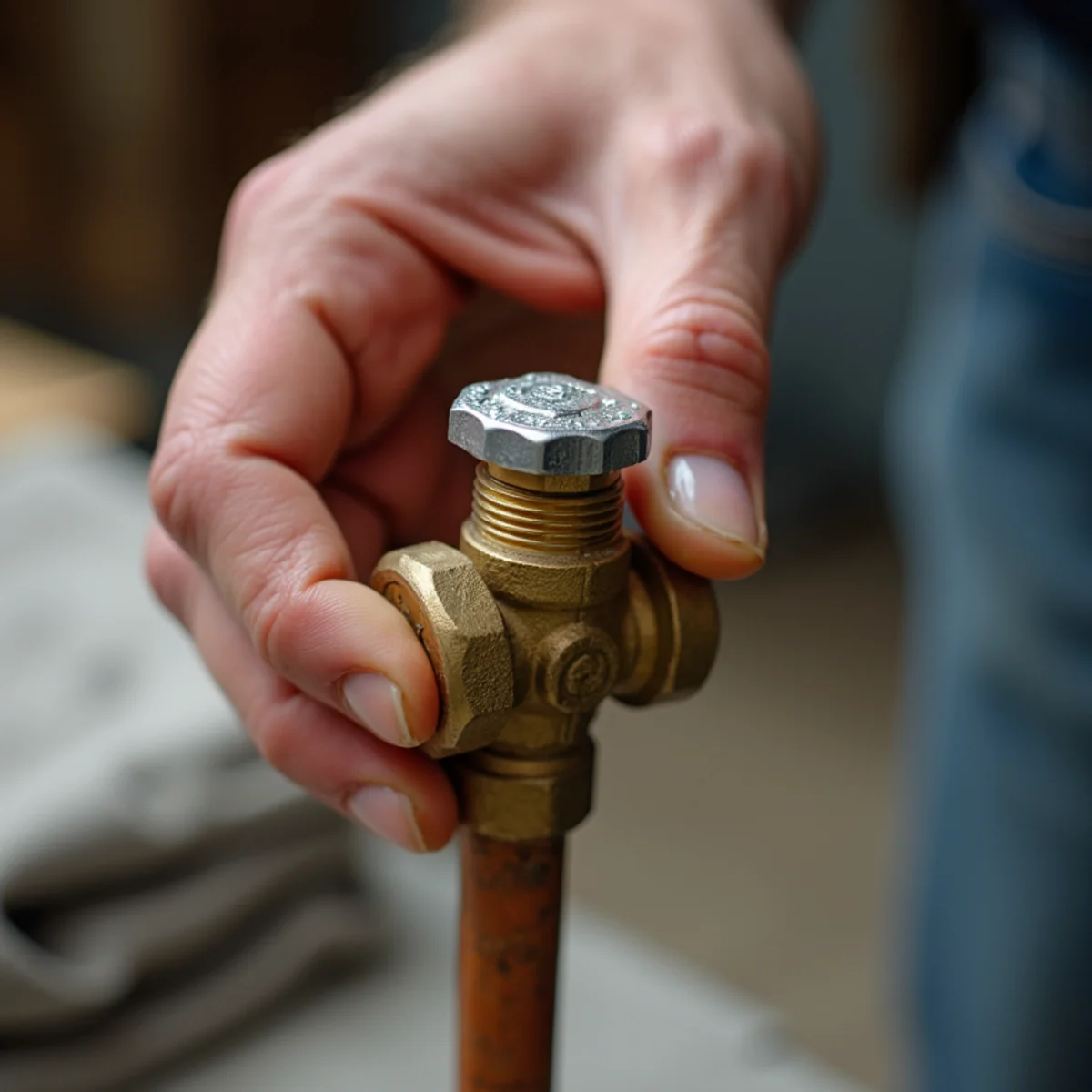 Hand rotating brass quarter-turn water shutoff ball valve to closed position