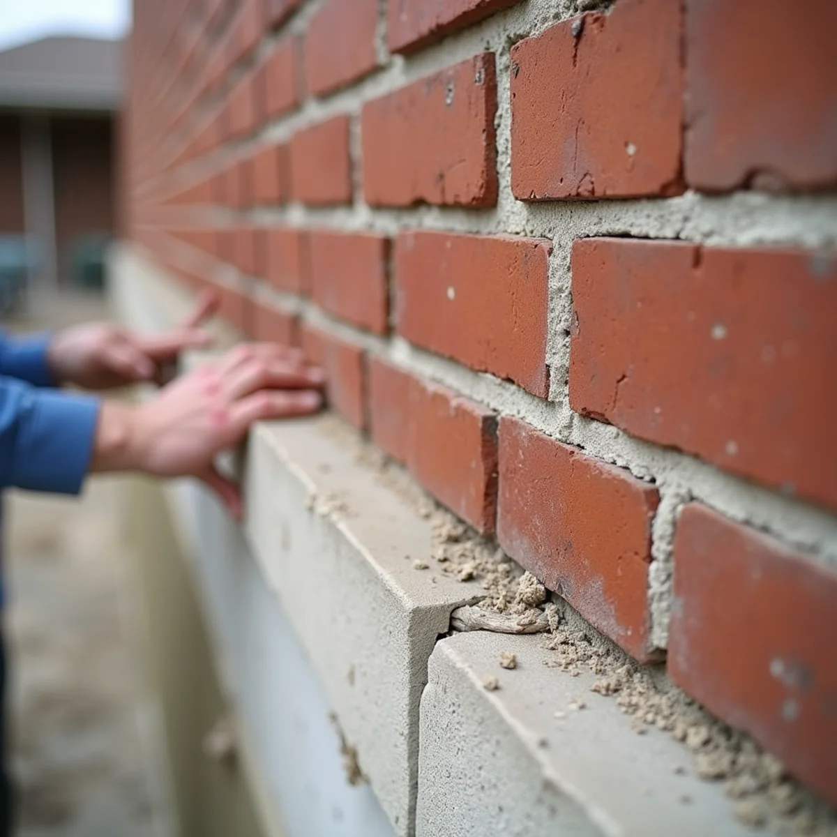 Exterior brick veneer stair-step hairline crack caused by foundation soil heaving