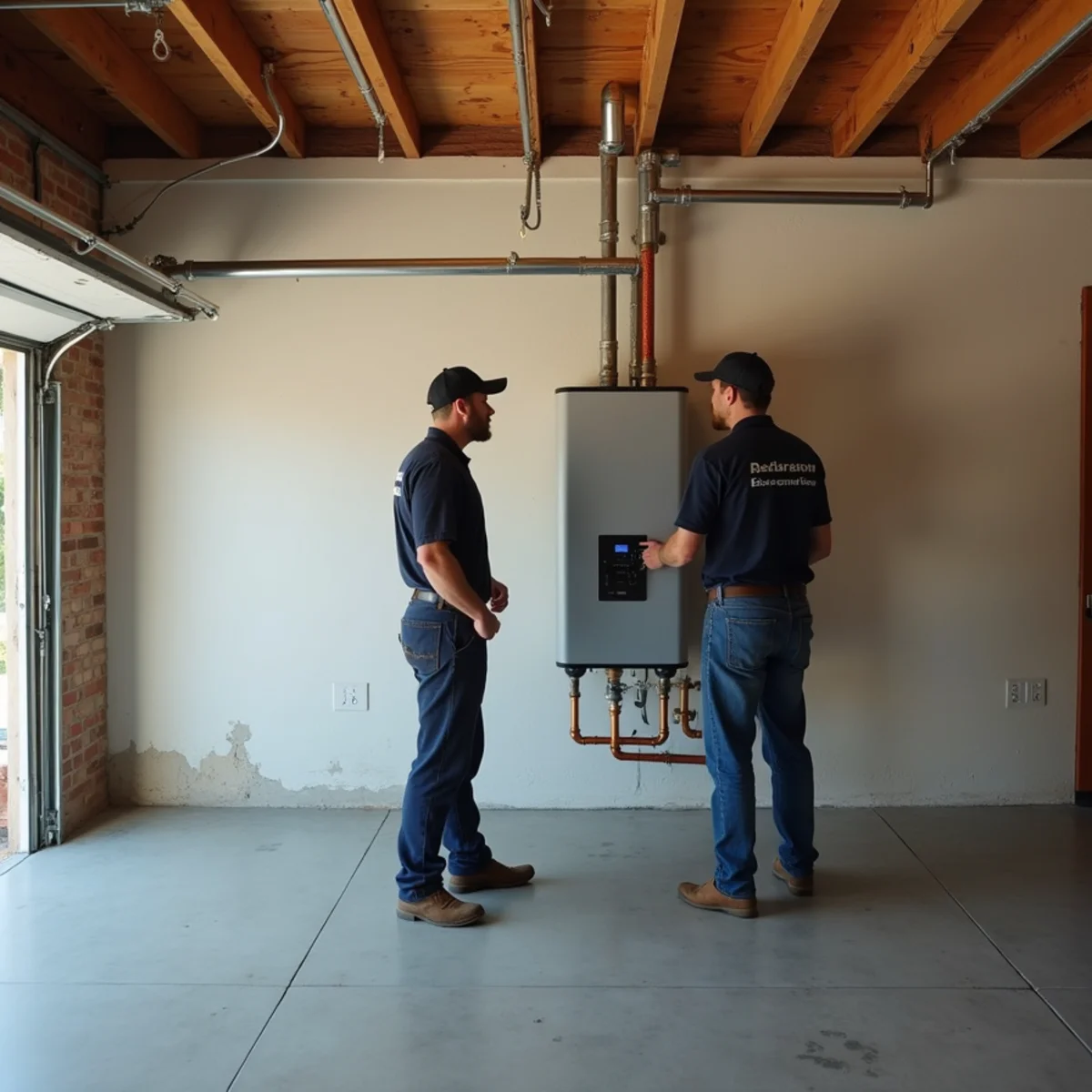 Garage displaying wall-mounted tankless water heater next to traditional tank water heater