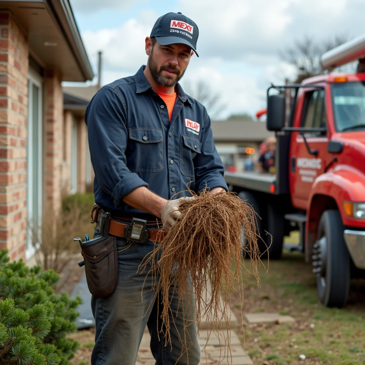 Plumber holding large fibrous root ball extracted from residential sewer lateral