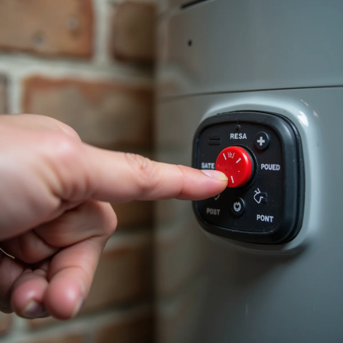Hand pressing red high limit reset button on upper thermostat of electric water heater