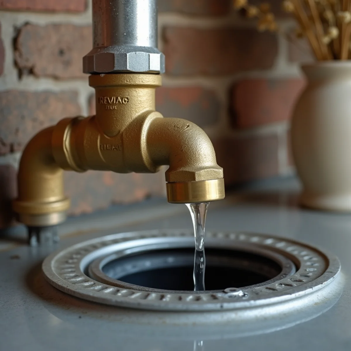 Water discharging from brass temperature and pressure relief valve into drain pan