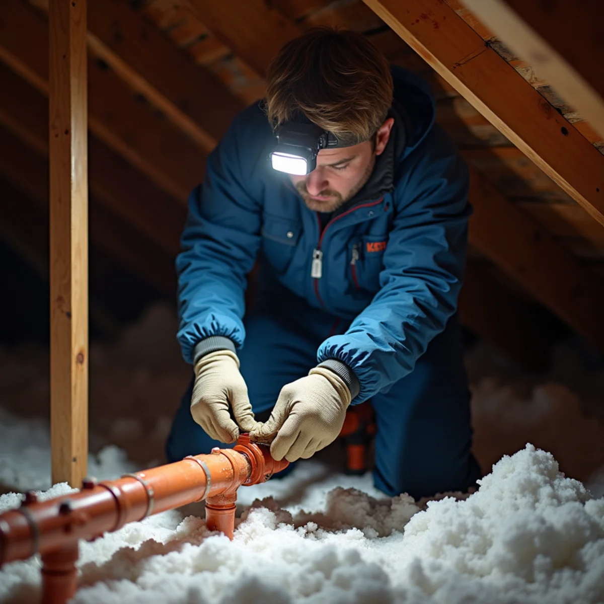 Emergency plumber using cordless PEX press tool repairing freeze-ruptured water pipe in attic