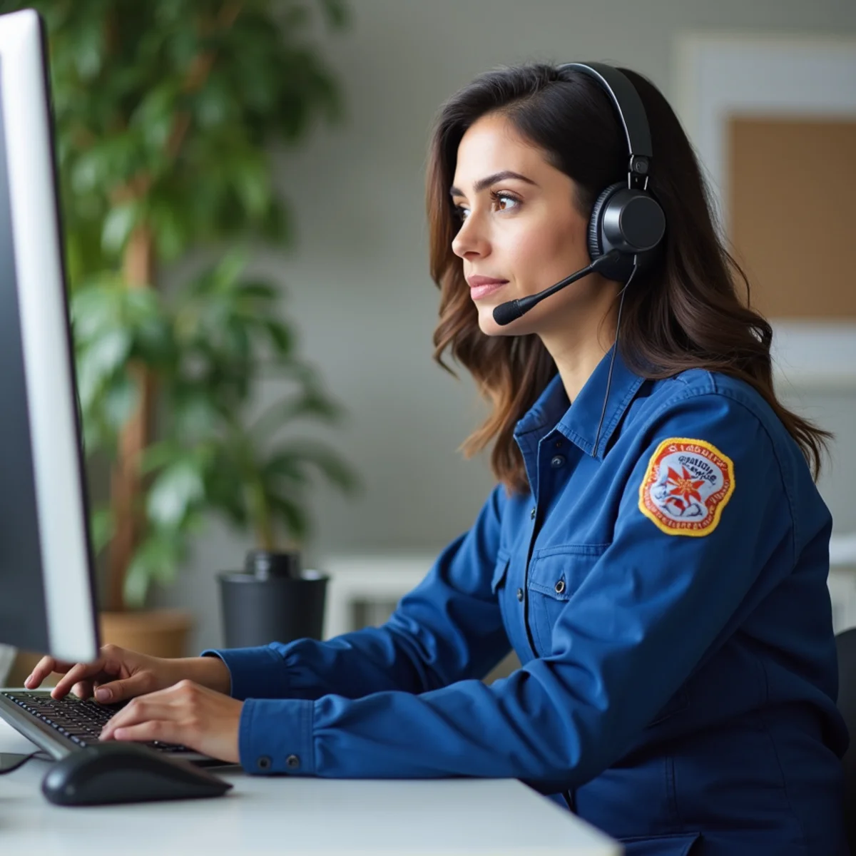 Customer service dispatch coordinator at modern plumbing dispatch desk with Dallas County maps