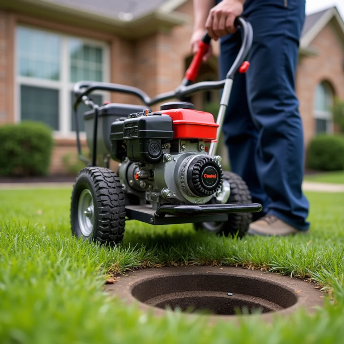 Commercial electric rooter cable machine with root-cutter blades on residential lawn