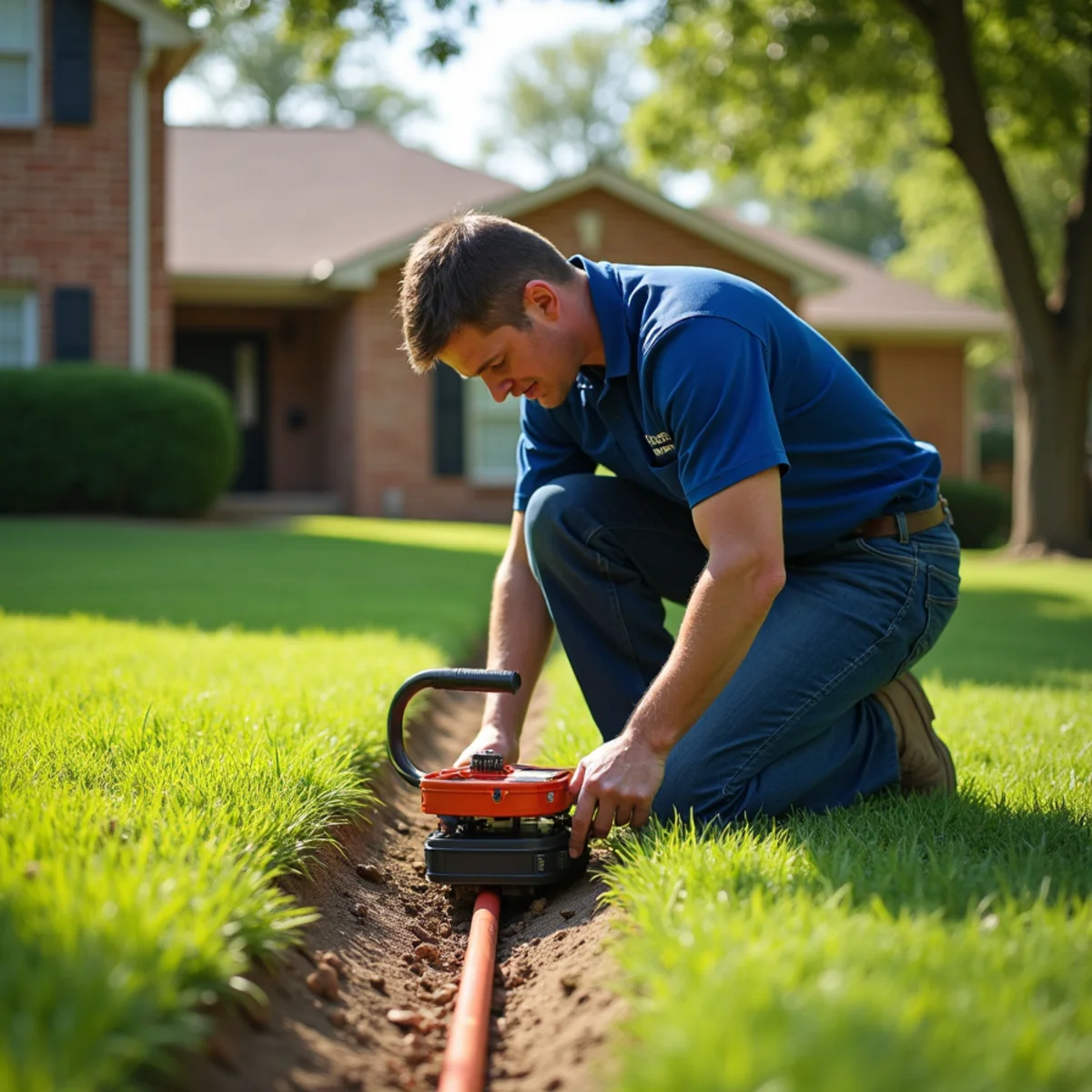 Plumber using acoustic locator equipment in large grassy yard in Cedar Hill to trace water service line