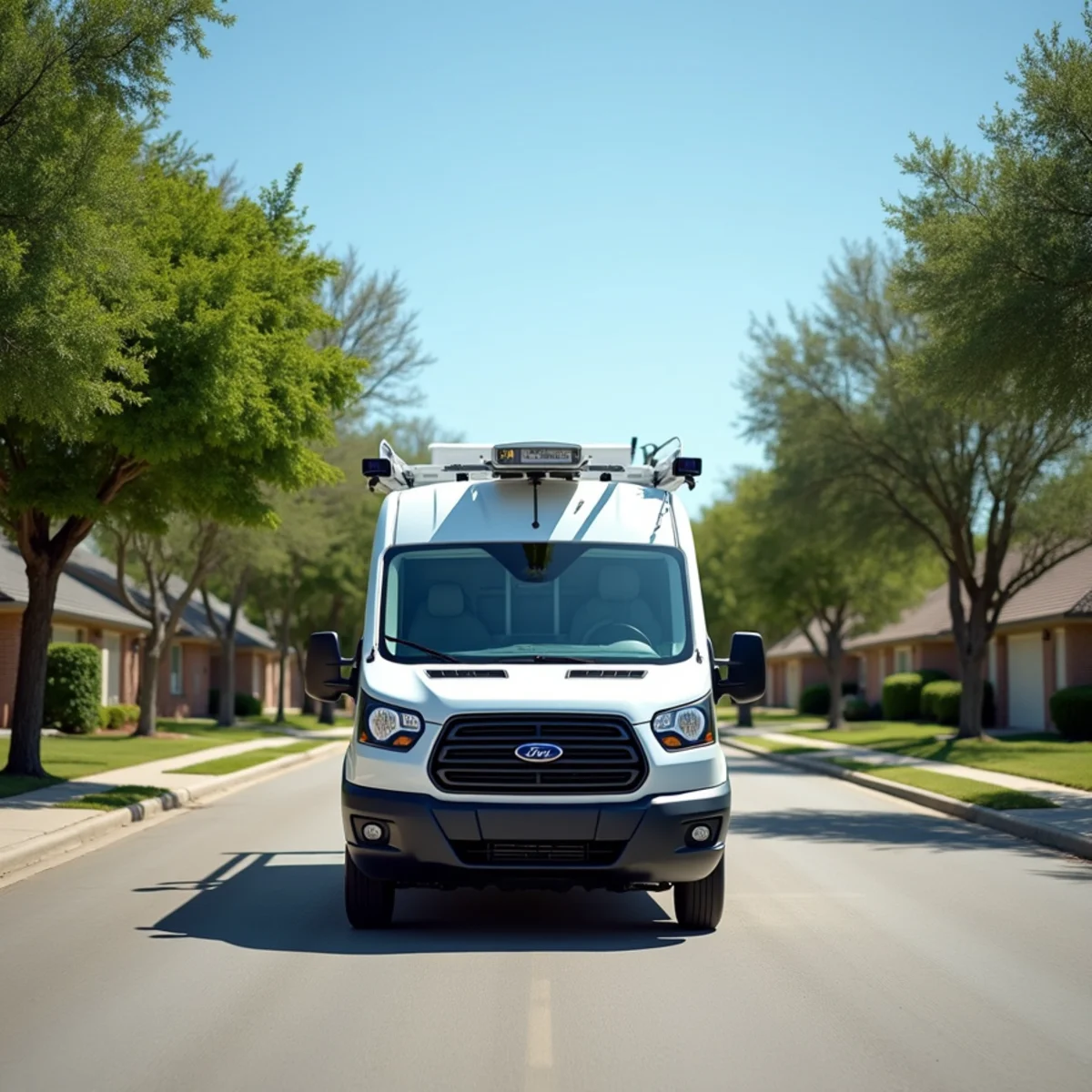 White plumbing service van driving through suburban residential neighborhood in Best Southwest Dallas County