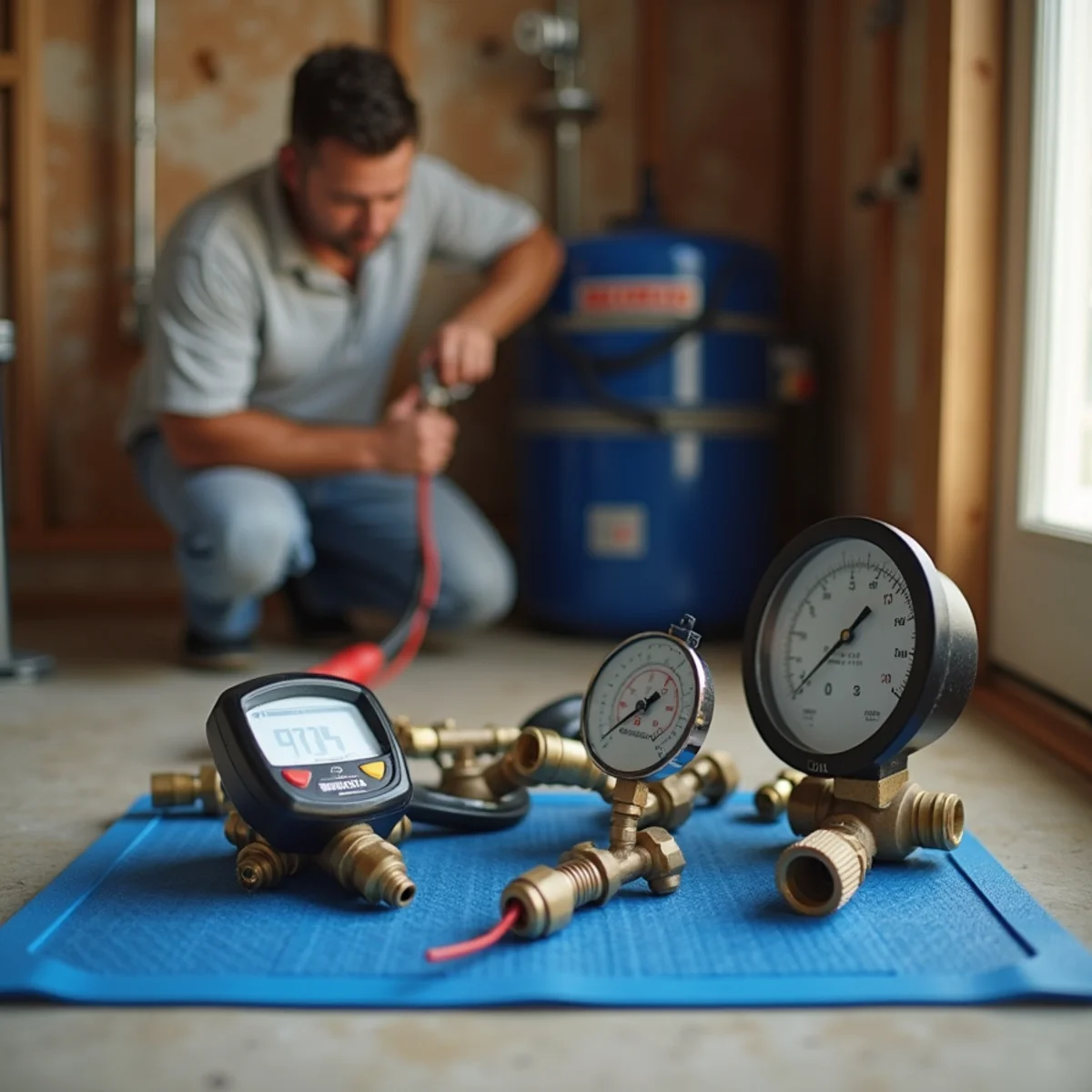 Professional plumbing diagnostic equipment and brass valves on clean residential work mat in Duncanville TX