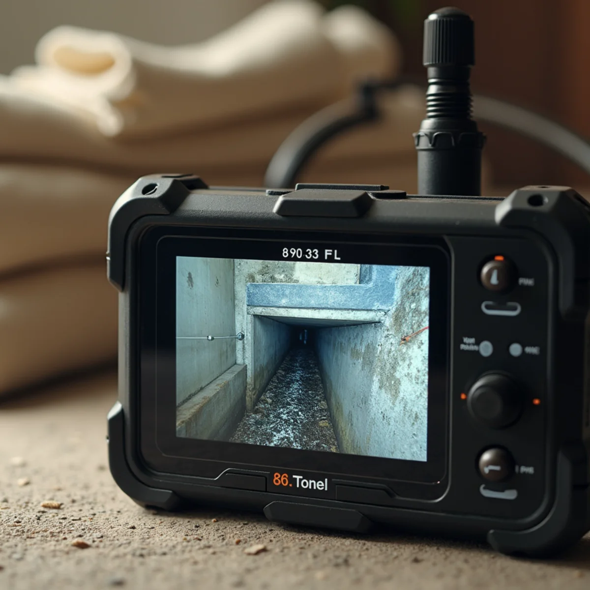 Waterproof sewer inspection monitor displaying internal pipe joint separation under concrete slab