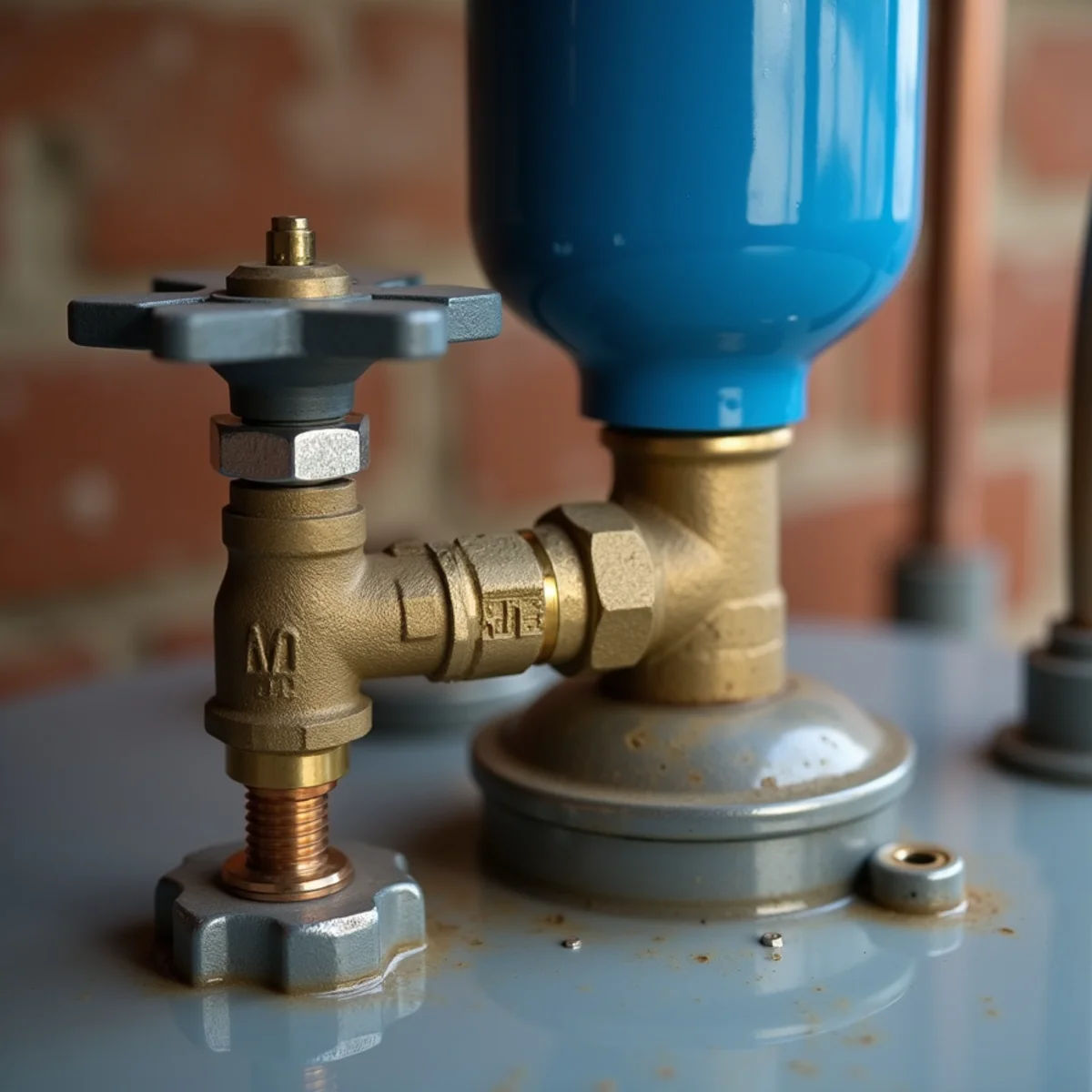 Brass temperature and pressure relief valve with copper discharge line and thermal expansion tank